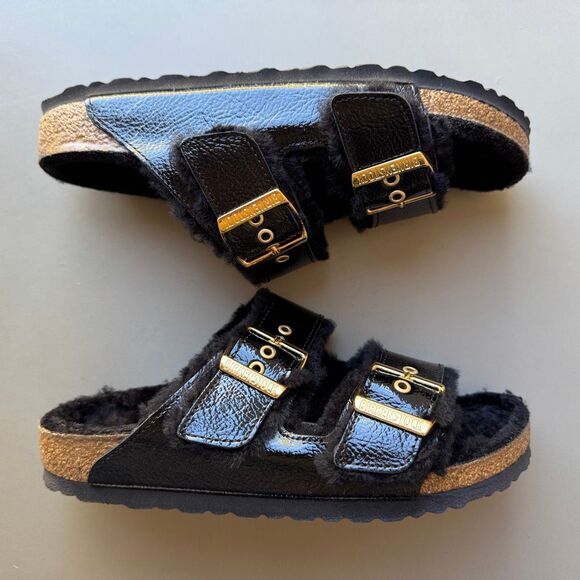 Birkenstock Arizona Shearling Eyelet Sandals Womens 38EU or 7US Shiny Black Gold - Picture 7 of 13
